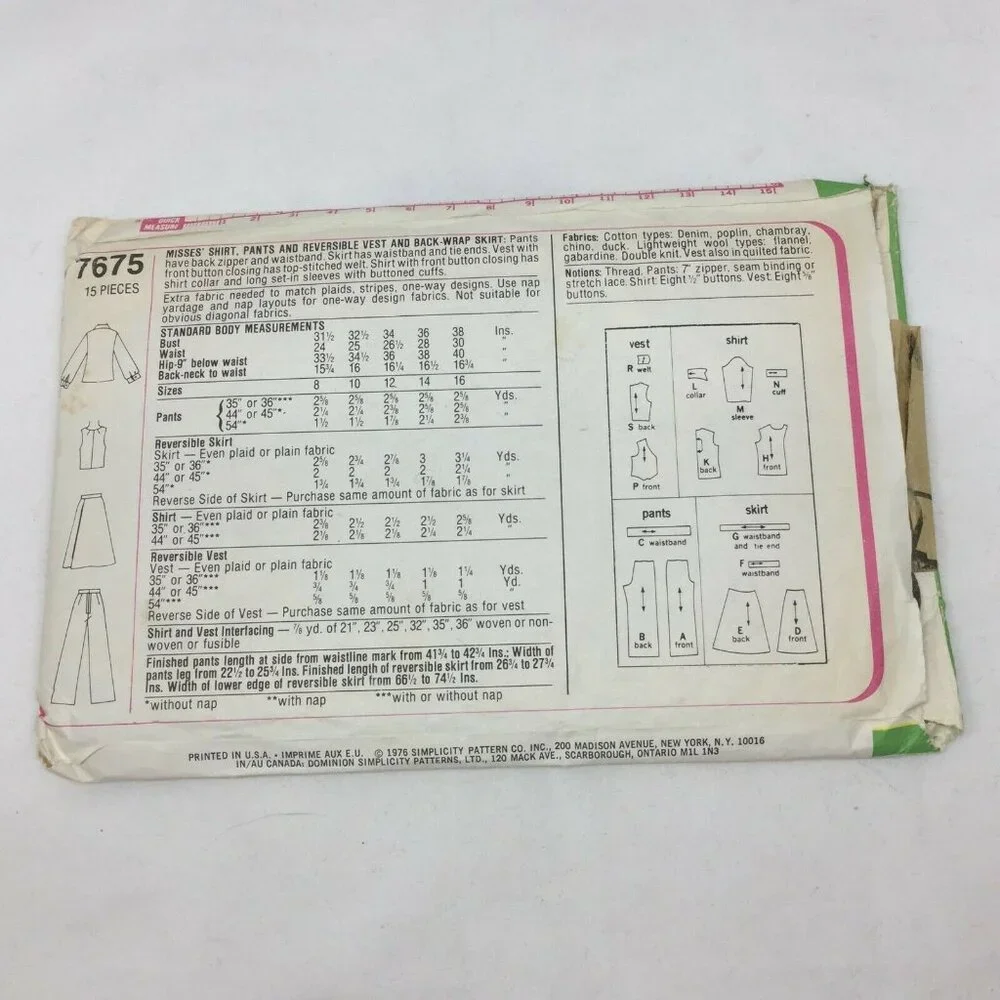 Vintage Simplicity 7675 Womens Sewing Pattern Shirt Pants Vest Wrap Skirt 14